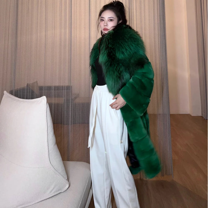 Hot Sales 2023 whole New Imported Light Luxury Fluffy Full Rex Rabbit Fur Jacket Raccoon Fur Collar mid-length Women Fur Coat