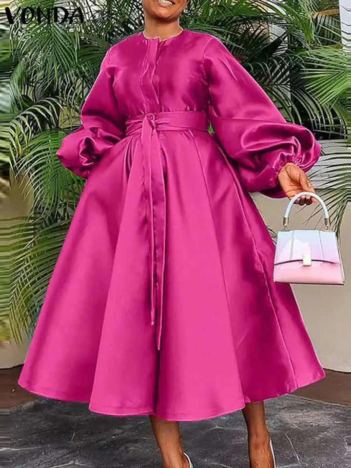 Elegant VONDA Satin Party Dress with Long Lantern Sleeves and Pleated Midi Skirt - Casual Loose Solid Robe with Belt