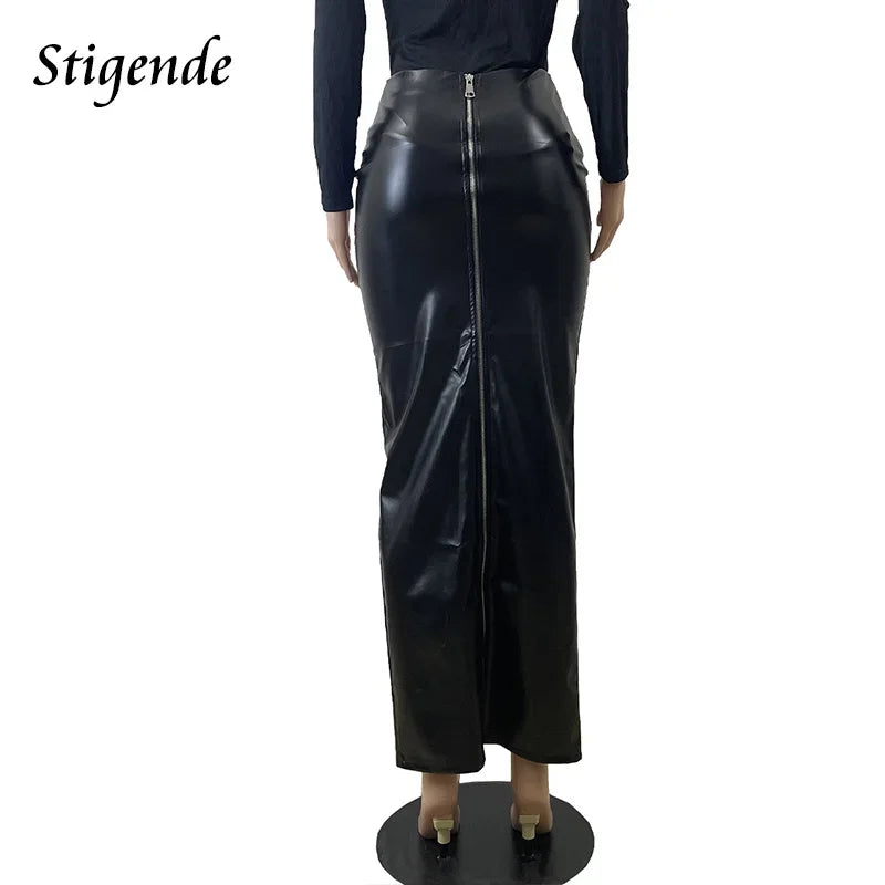 Sexy Black Faux Leather Maxi Skirt - High Split, Slim Fit, Full Zipper