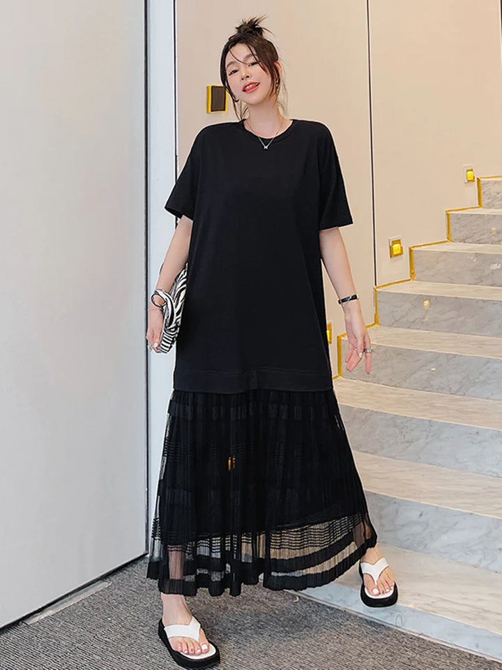 Stunning Korean Summer Dress - Mesh Patchwork, Pleated, Short Sleeve - Elegant 2022 Fashion for Women