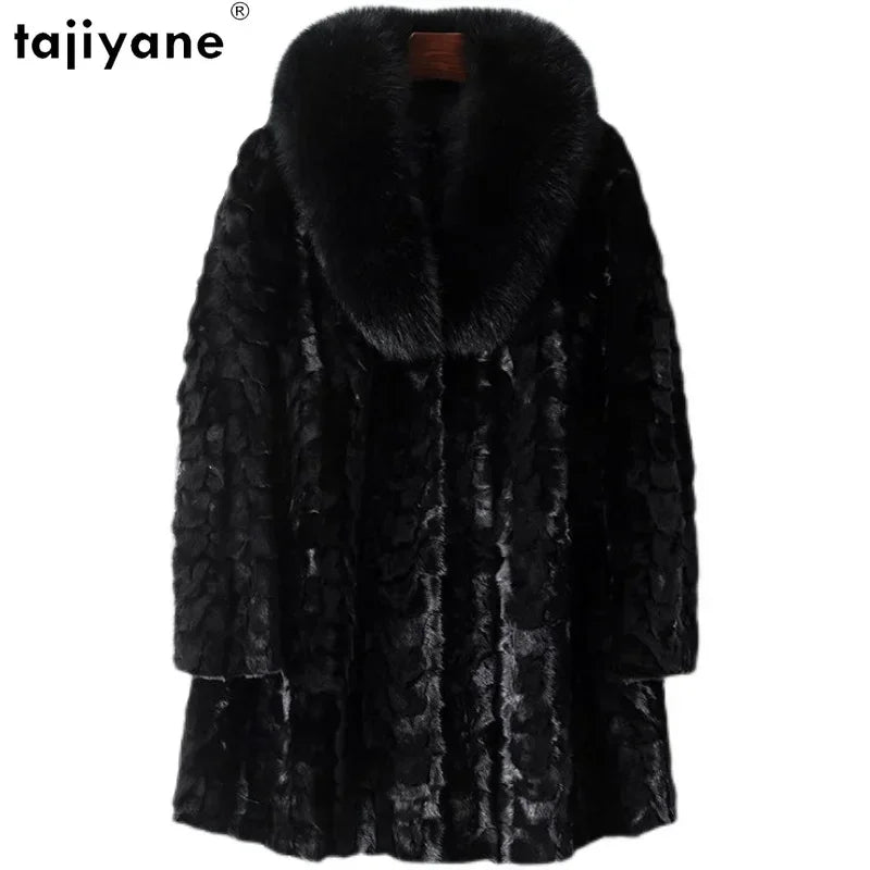 Tajiyane Real Mink Fur Jackets for Women 2023 Autumn Winter Pieces of Mink Fur Patchwork Fur Coat Luxury Fox Fur Collar Casaco