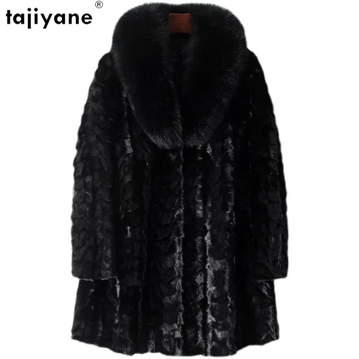 Tajiyane Real Mink Fur Jackets for Women 2023 Autumn Winter Pieces of Mink Fur Patchwork Fur Coat Luxury Fox Fur Collar Casaco