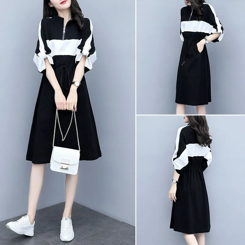 Korean Zipper Midi Dress - Loose Fit & Contrasting Colors - Women's Fashion