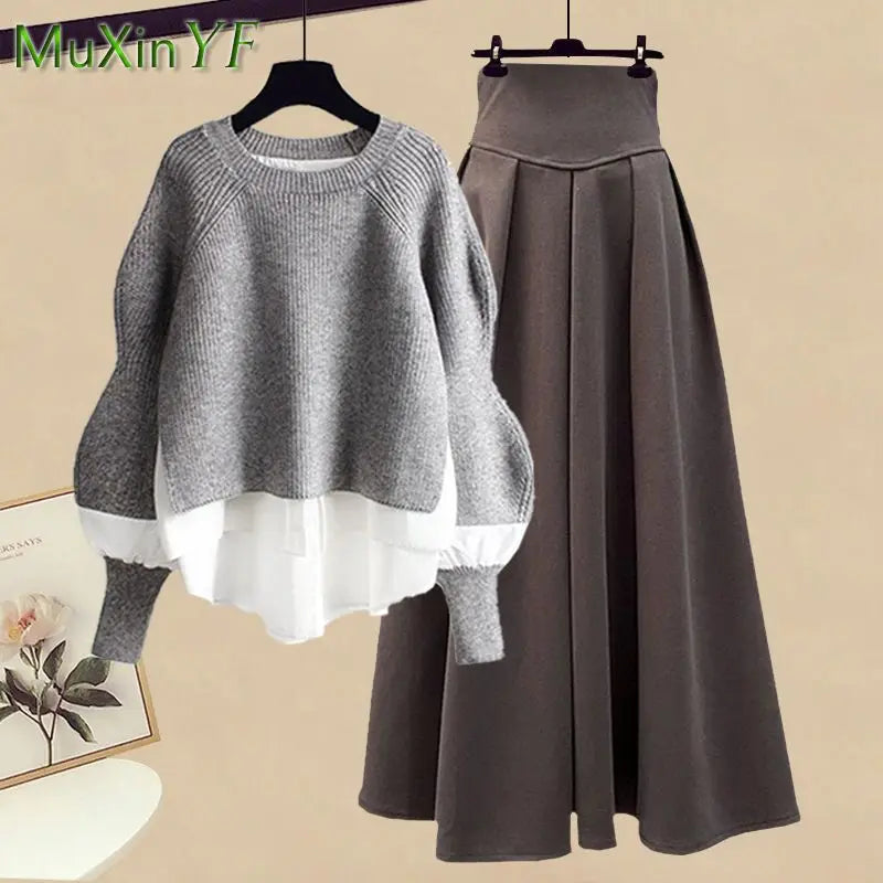 2023 Autumn/Winter New Korean Elegant Splice Fake Two Piece Knitted Sweater Dress Matching Set Women's Chic Pullover Skirt Set