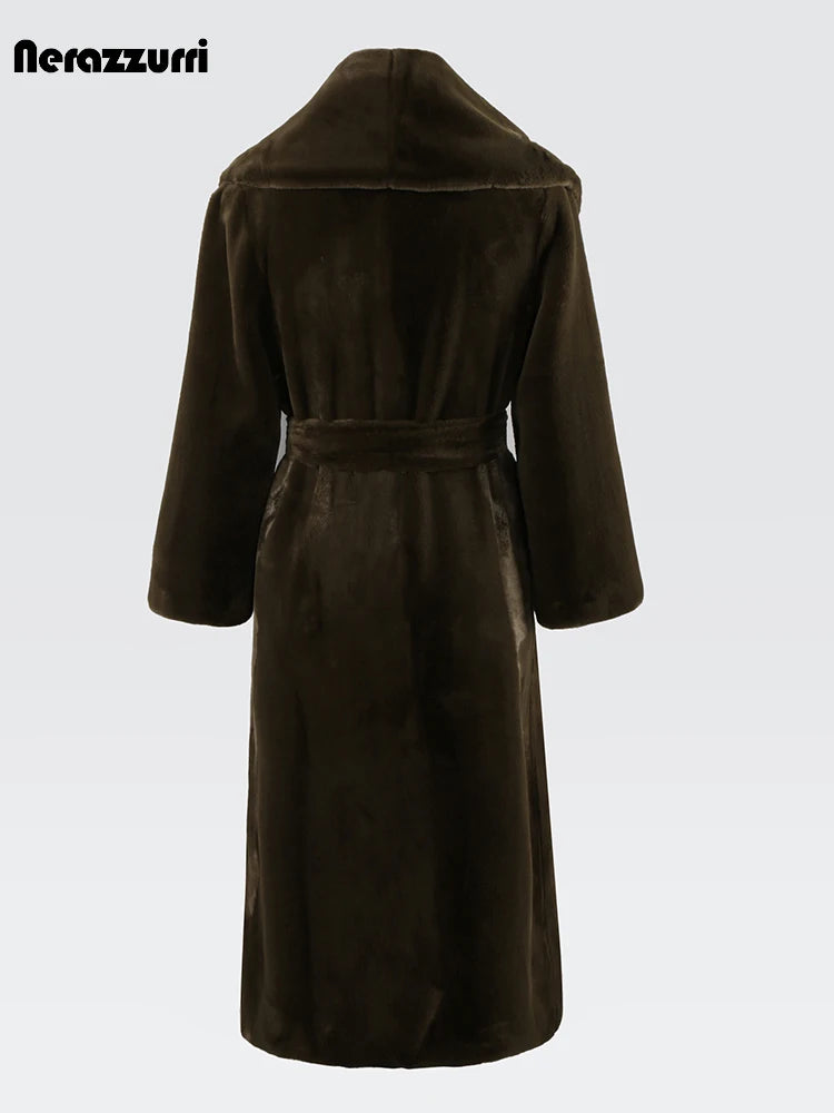 Nerazzurri Autumn Winter Luxury Elegant Chic Long Thick Warm Faux Sheared Mink Fur Coat Women with Sashes Furry Overcoat 2023