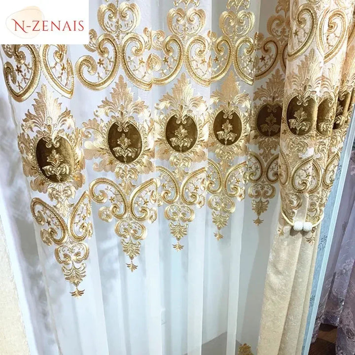 European Beige Embroidered Chenille Luxury Curtains for Living Room Blackout Bedroom Window Dining Custom Valance White Tulle