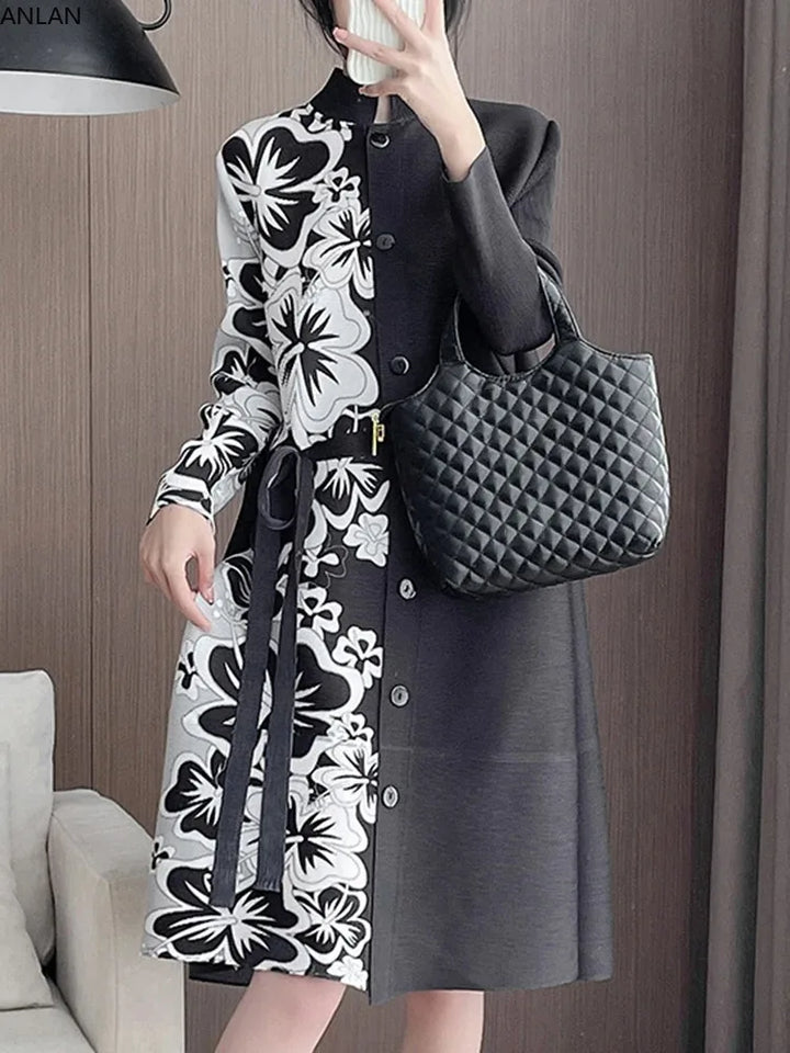 Stylish ANLAN Pleated Print Dress - Perfect for Evening Parties!