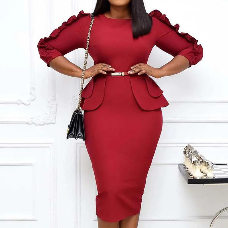 Chic Ruffles Midi Pencil Skirt - Back Zipper, Plus Size, Three Quarter Sleeve