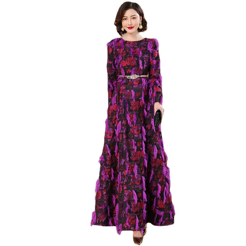 Luxury Spring Autumn Jacquard Dress with Tassels and Long Sleeves - Perfect for Weddings, Evenings, and Formals