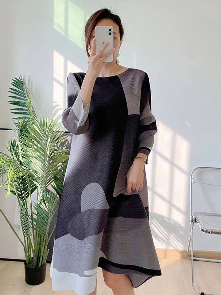 Miyake Pleated Contrast Color Dress Women's Round Neck Loose Irregular Printing Dresses Female 2023 Autumn Summer Prom Dresses