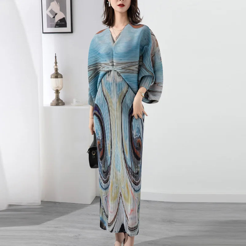 2022 Spring/Summer Miyake Pleated Dress - Bat Sleeve, Large Size, Fashion Print