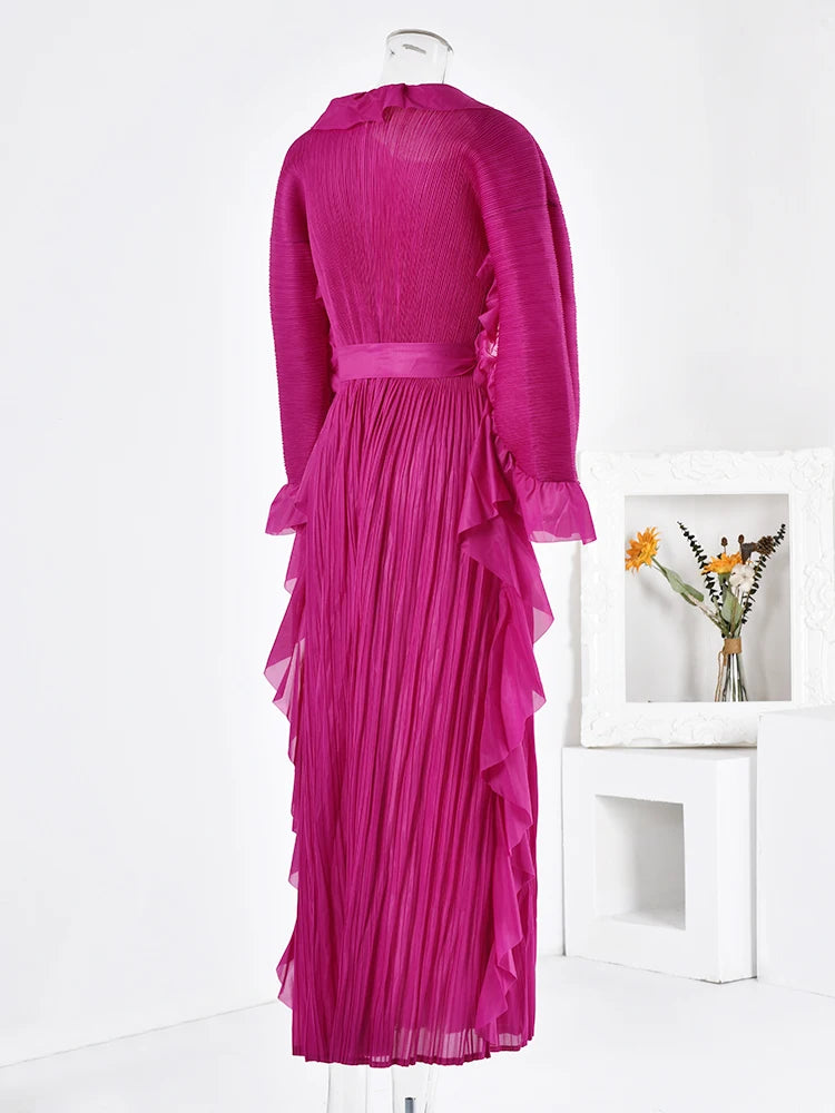 LANMREM Women's Maxi Dress - Ruffled Flare Sleeves, Round Neck, Solid Color, Belted - Autumn Party Wear