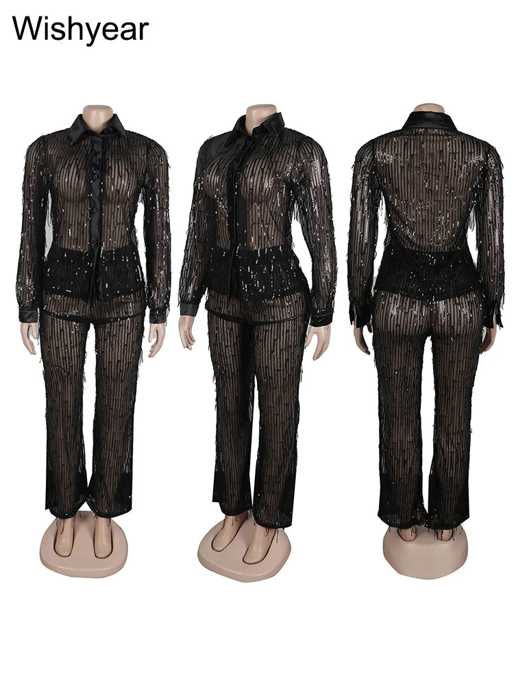 Sparkle in Style: Sexy Two-Piece Sequin Tracksuit with See-Through Top & Pants