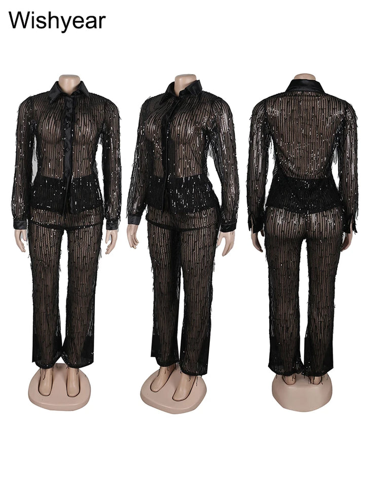 Sparkle in Style: Sexy Two-Piece Sequin Tracksuit with See-Through Top & Pants