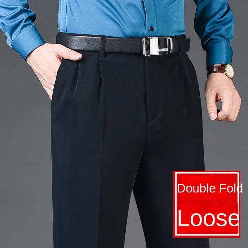 Men's Double Pleated Dress Pants - High Waist, Loose Fit, Business Casual - Autumn/Winter