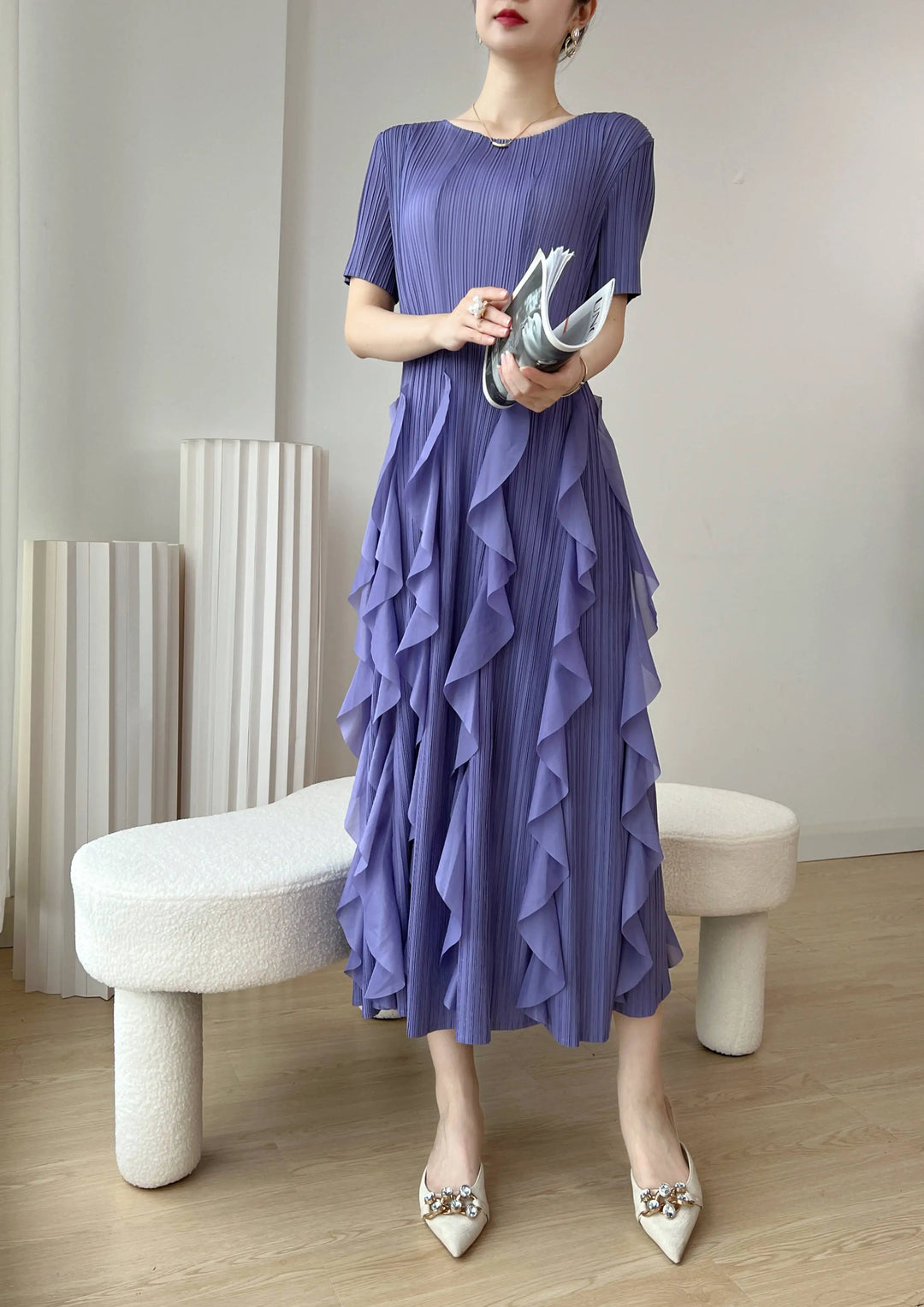 Upgrade Your Style with YUDX 2023 Miyake Pleated Party Dress - Slim Fit, Solid Color, Short-sleeved