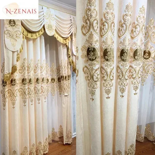 European Beige Embroidered Chenille Luxury Curtains for Living Room Blackout Bedroom Window Dining Custom Valance White Tulle