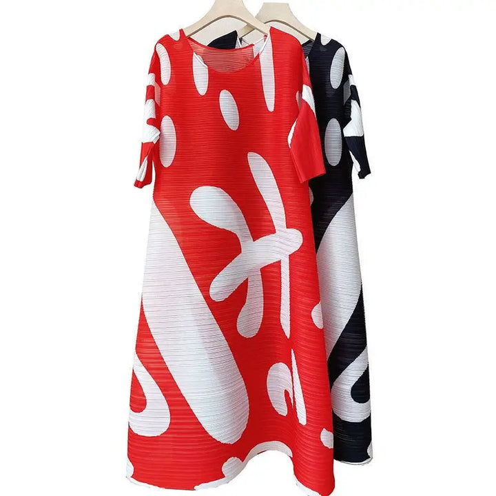 2023 Spring Print Dress: VANOVICH Fashion A-line O-neck Loose Waist with Contrast Color and Oversized Folds