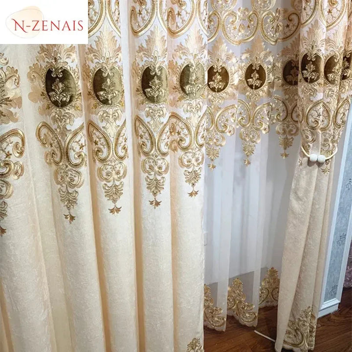 European Beige Embroidered Chenille Luxury Curtains for Living Room Blackout Bedroom Window Dining Custom Valance White Tulle