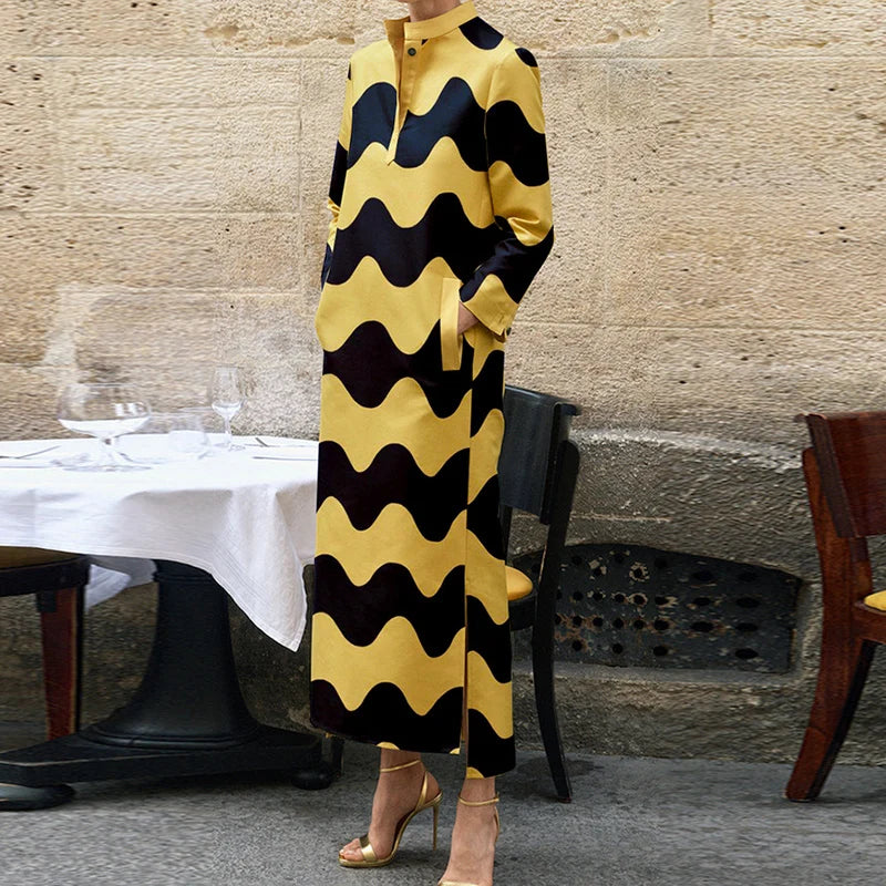 Autumn Party Maxi Dress - V Neck, Long Sleeve, Dot Print