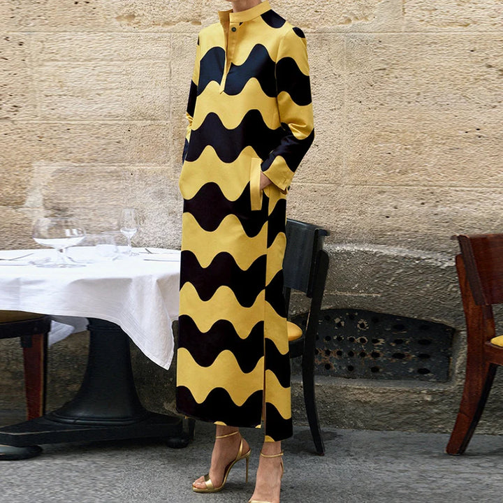 Autumn Party Maxi Dress - V Neck, Long Sleeve, Dot Print