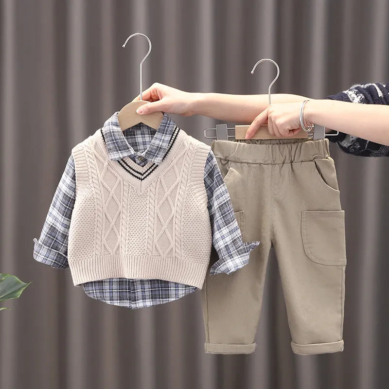 2023 Spring Autumn 3PCS Boys Clothing Set Baby Boys Sweater Vest Long-sleeve Shirts Cargo Pants Clothes Set Infant Children Suit