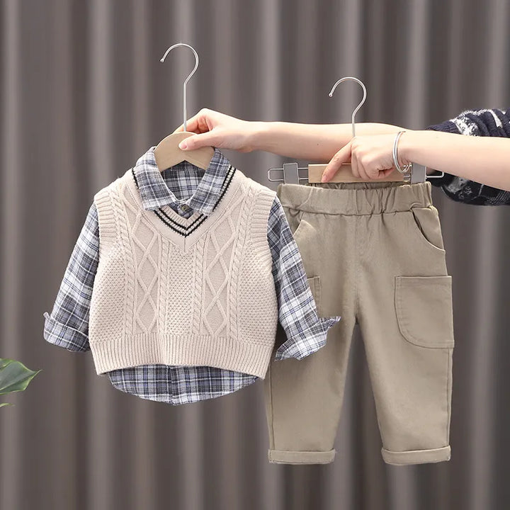 2023 Spring Autumn 3PCS Boys Clothing Set Baby Boys Sweater Vest Long-sleeve Shirts Cargo Pants Clothes Set Infant Children Suit