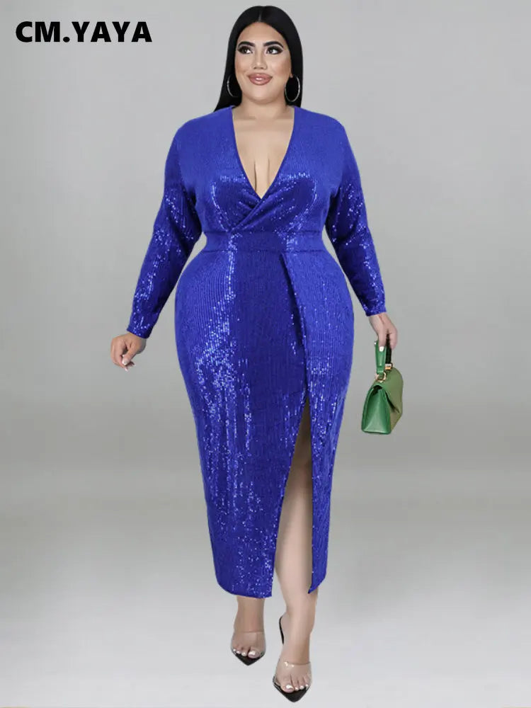 CM.YAYA Plus Size Sequined Women Wrap V-neck Long Sleeve High Side Slit Maxi Long Sexy Party Club Even Bodycon Midi Dress