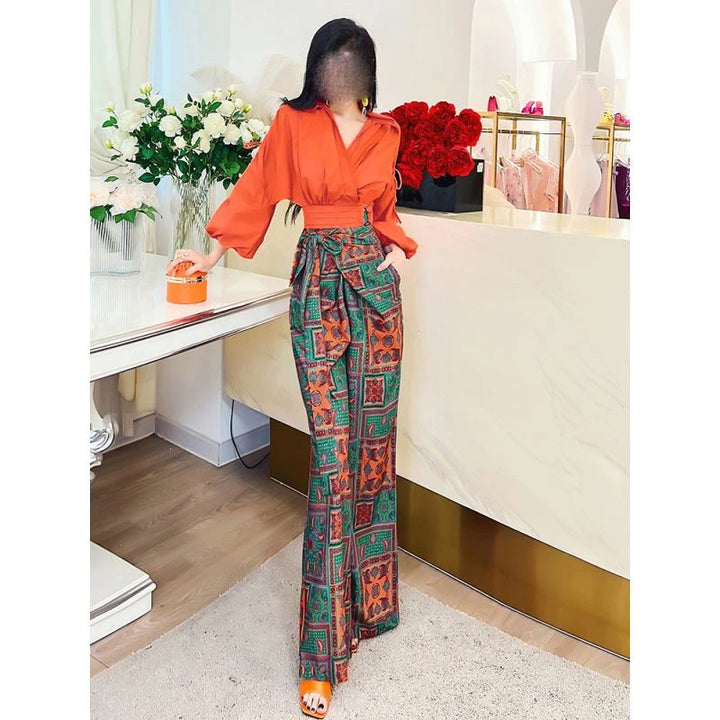 Unleash Your Inner Fashionista with our Women's Vacation Set - Bubble Sleeved Shirt and High Waist Wide Leg Pants!