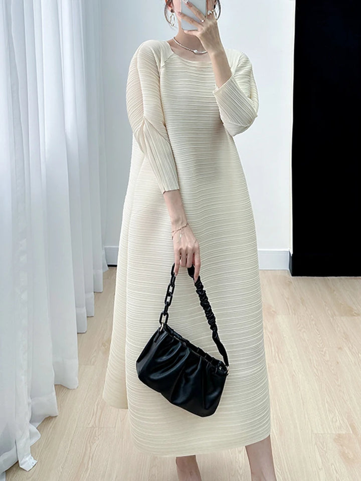 Miyake Pleated Full Sleeve Dress Women's 2023 Summer Korean Fashion Simple Round Neck Long Plus Size Medium Long Dress