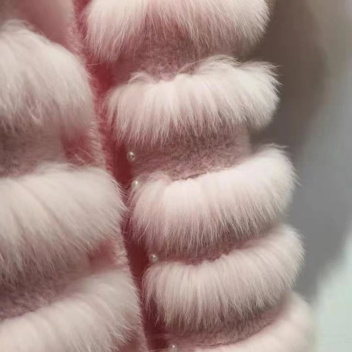 Winter Fox Fur Coat For Women 2023 European Fashion Ladies Sweet Pink Blue Pearl Beading Mink Velvet Long Overcoat Manteau Femme