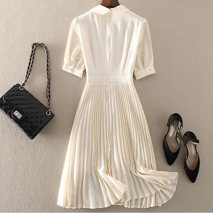 Women's Embroidered A-Line Dress | Elegant Mid-Calf Pleated Design | Office Lady Style