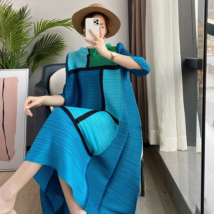 Elegant Spring Pleated Dress - Color Block, Full Sleeved, Casual Evening Party, Women's 2023 New Collection