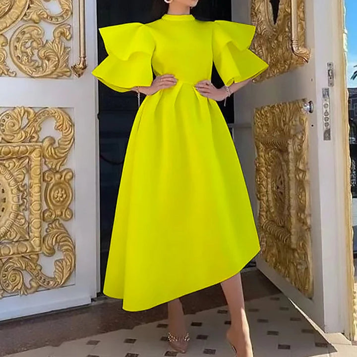 Plus Size Summer Party Dress - Elegant Double-deck Ruffle Design with Zipper - Solid Color, Round Neck, Half Sleeve
