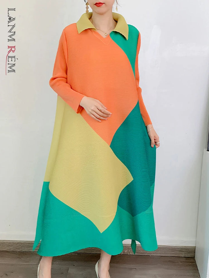 LANMREM Pleated Color Block Dress