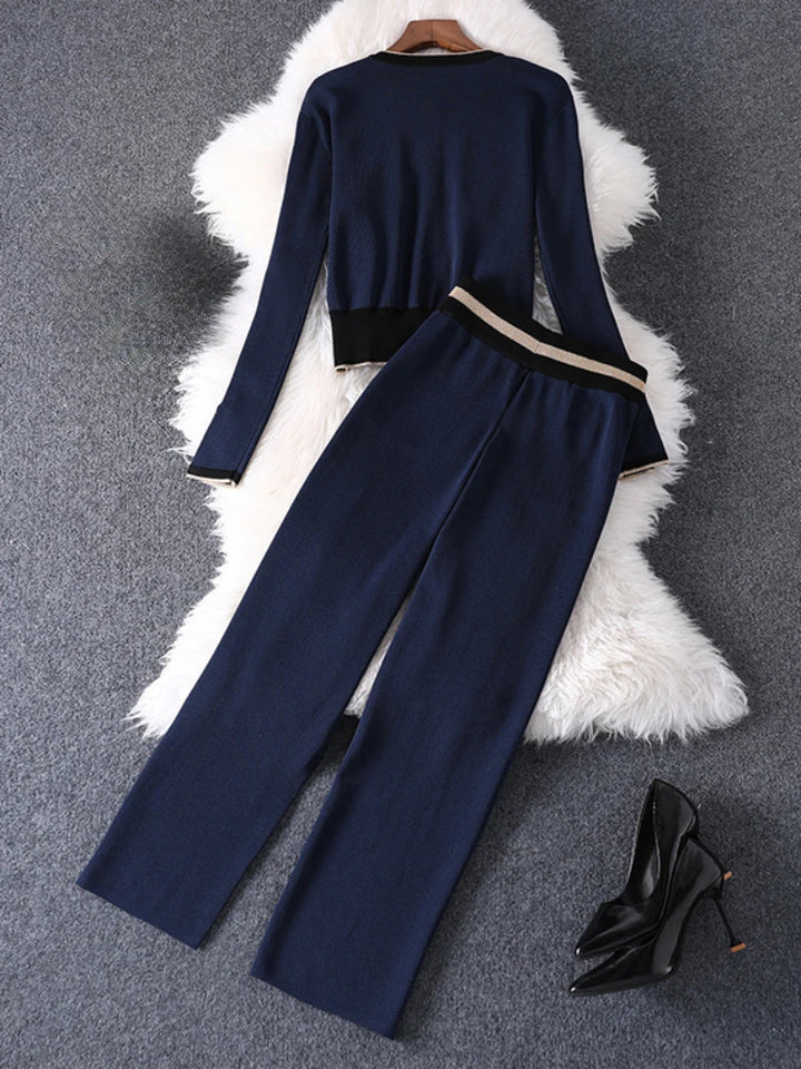 2023 Fall Winter Knit Suit: Round Neck Sweater & Wide-Leg Pants for Women