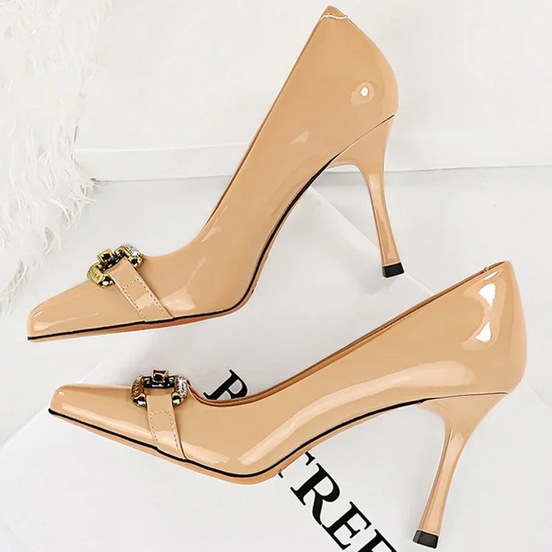 Luxury Designer Wedding Heels - 8.5cm High, Square Toe, Metal Chain - Nude/Burgundy