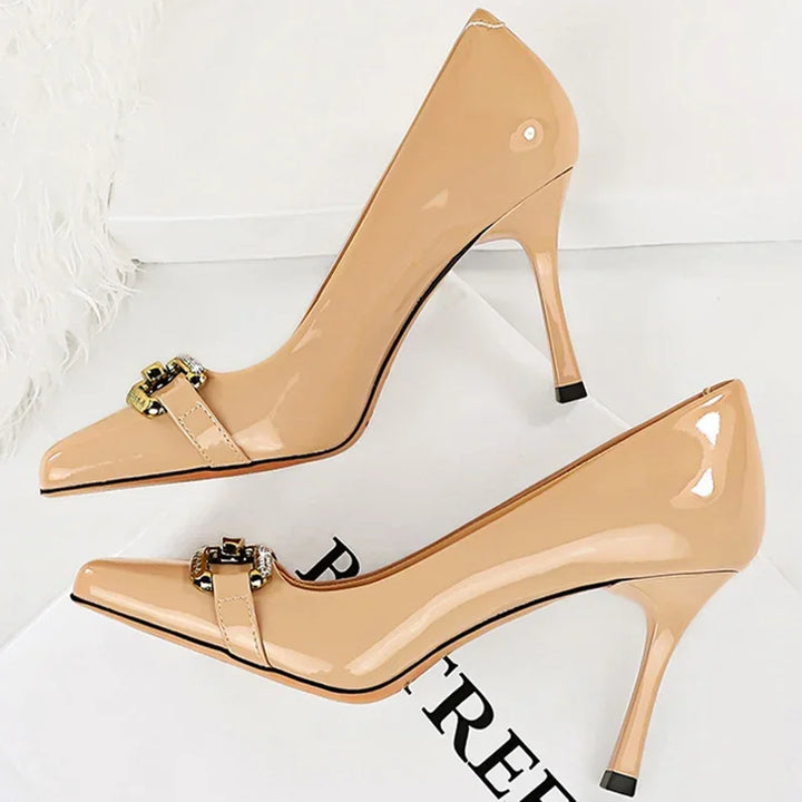 Luxury Designer Wedding Heels - 8.5cm High, Square Toe, Metal Chain - Nude/Burgundy