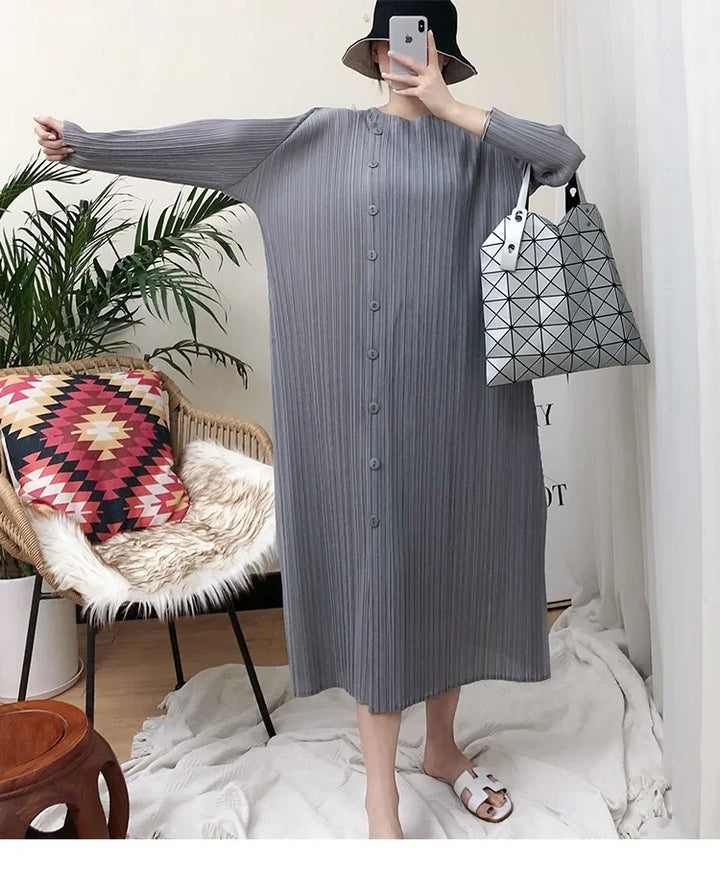 Elegant ALSEY Miyake Pleated Dress - Solid Color, Loose Fit, Long-sleeved - Sizes for Women 2024