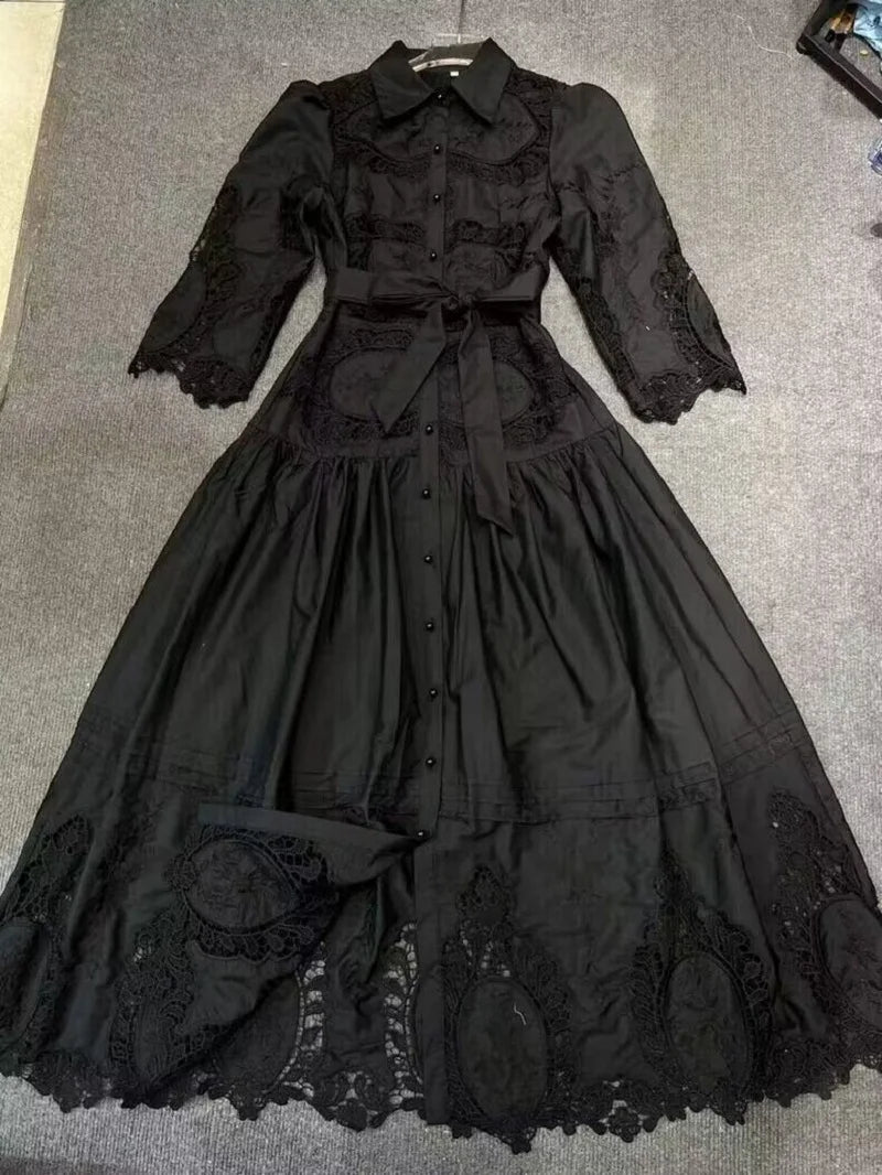 Stunning 2023 Autumn Dress - High Quality, Hollow Out, Turn-down Collar, Red/Black/White