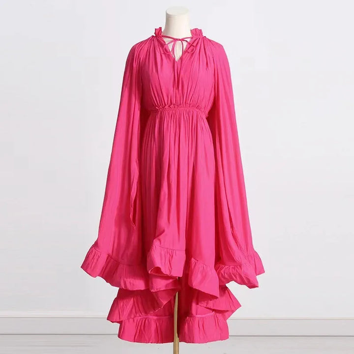 Women's V Neck Irregular Solid Dress with Cloak Sleeves, High Waist, and Lace Up Detail - Summer Fashion