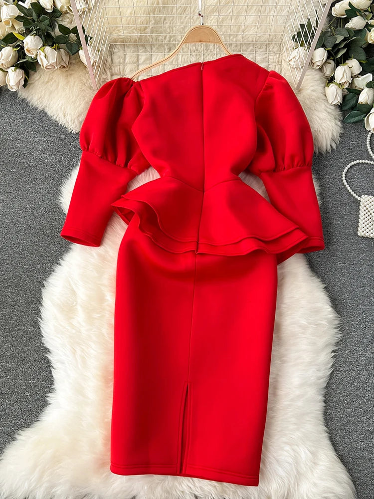 Red Party Dress with Puff Sleeve - Korean Fashion 2024