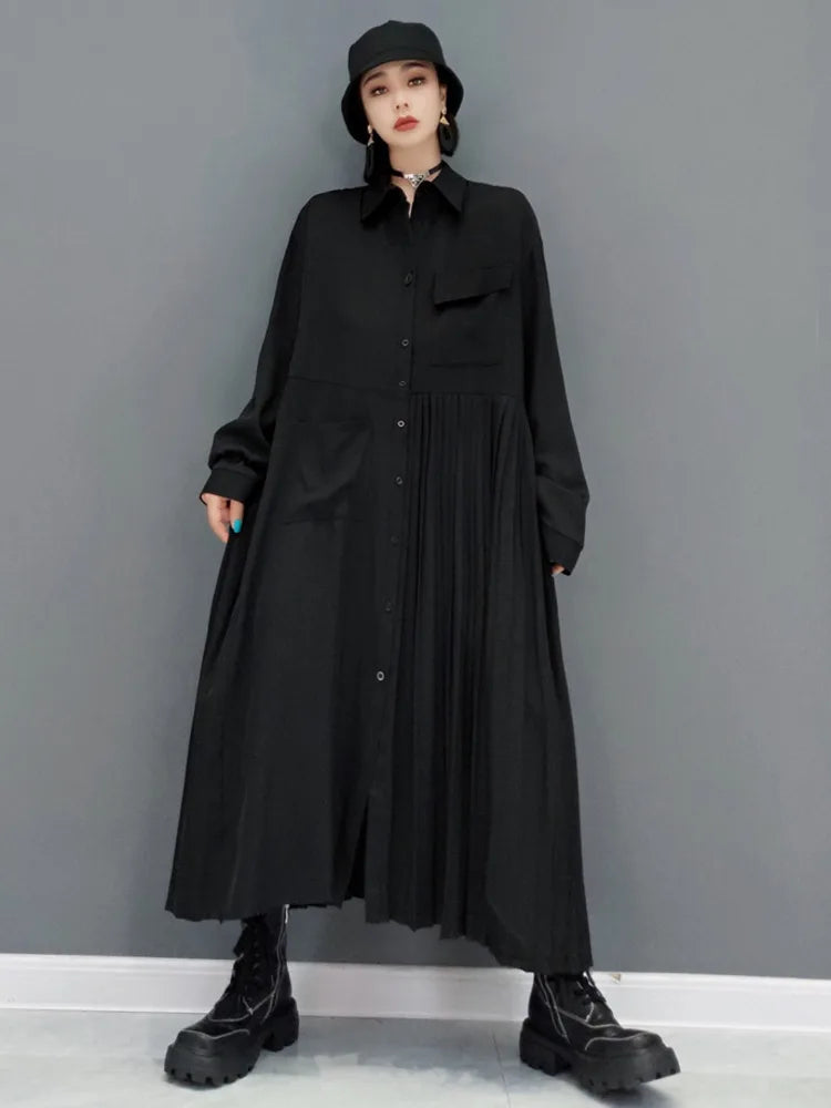 Stylish Solid Color Robe Dress for Women - Autumn 2024 Fashion - Long Sleeve, Pleated, Turn-Down Collar