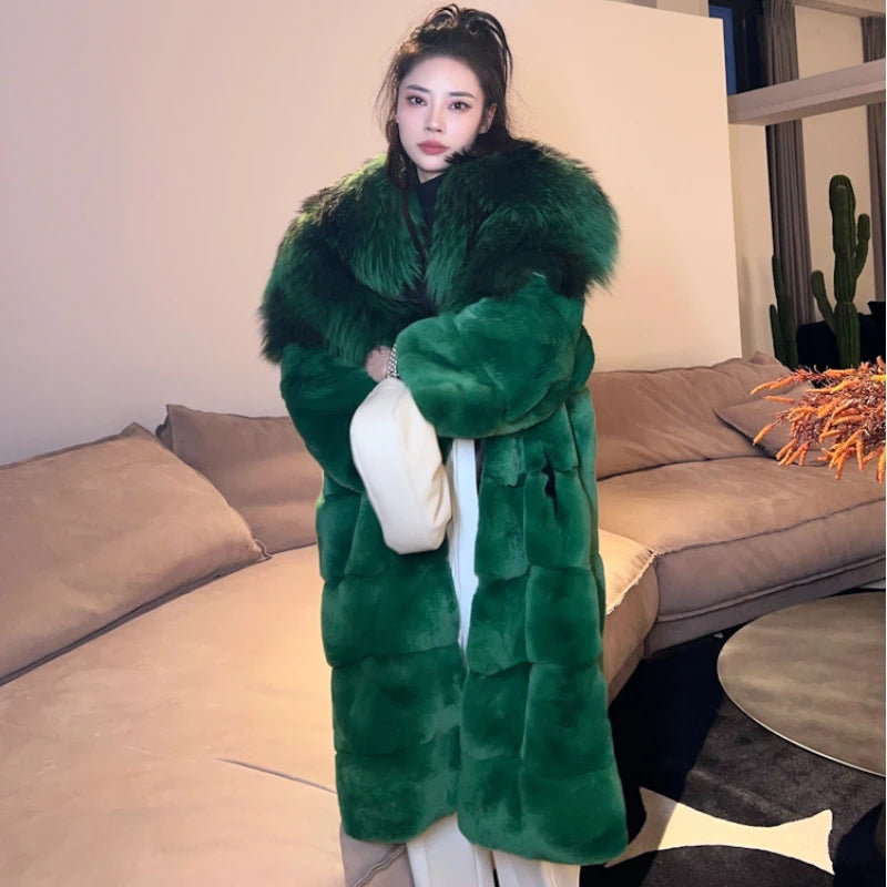 Hot Sales 2023 whole New Imported Light Luxury Fluffy Full Rex Rabbit Fur Jacket Raccoon Fur Collar mid-length Women Fur Coat