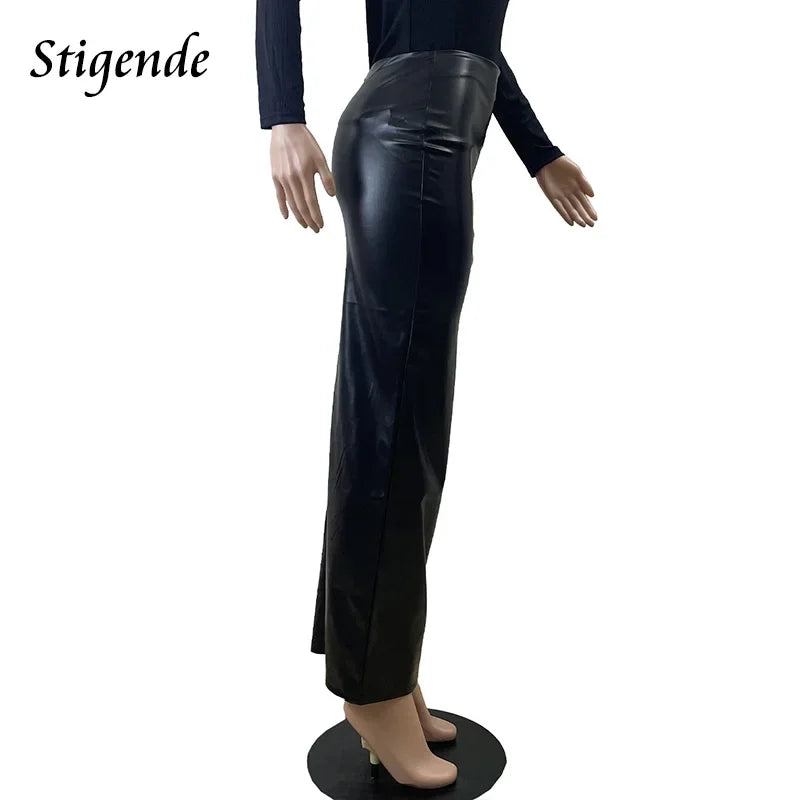 Sexy Black Faux Leather Maxi Skirt - High Split, Slim Fit, Full Zipper