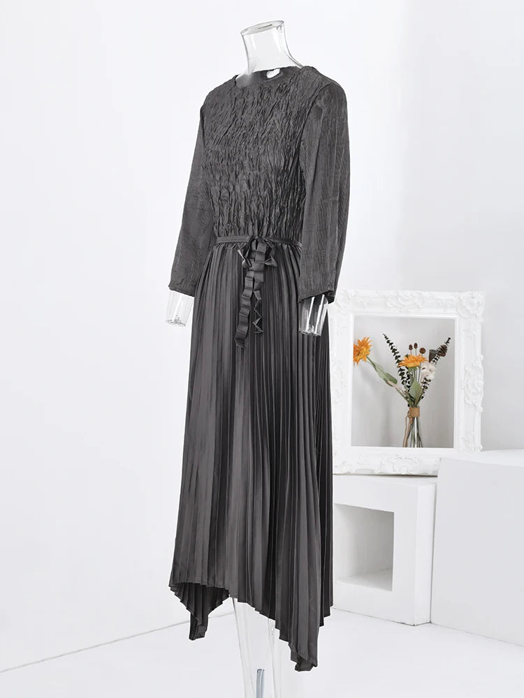 LANMREM Fashion Pleated Dress - Spring 2024 Collection - Long Sleeves, Gathered Waist, Irregular Solid - Women's Sizes S-XL