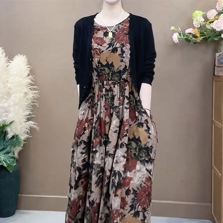 Vintage Floral A-Line Dress - Elegant Long Sleeve Women's Clothing