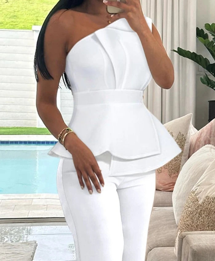 Stylish 2024 Women's Two-Piece Set - One Shoulder Sleeveless Top & High Waist Pants