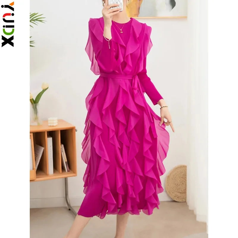 2024 Spring Chic Style Ruffles Dress with Belt - YUDX Miyake