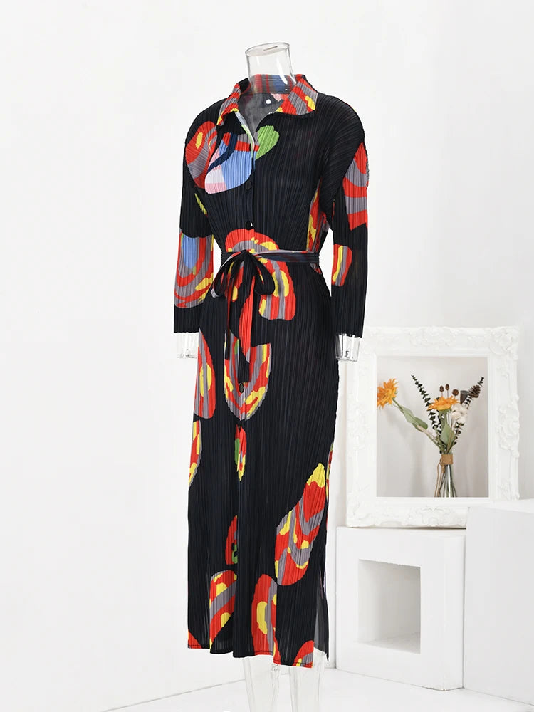 LANMREM Contrast Color Pleated Print Dress